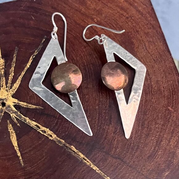 Mixed Metal Triangle Earrings Sterling Silver Copper Industrial jewelry - Picture 5 of 10